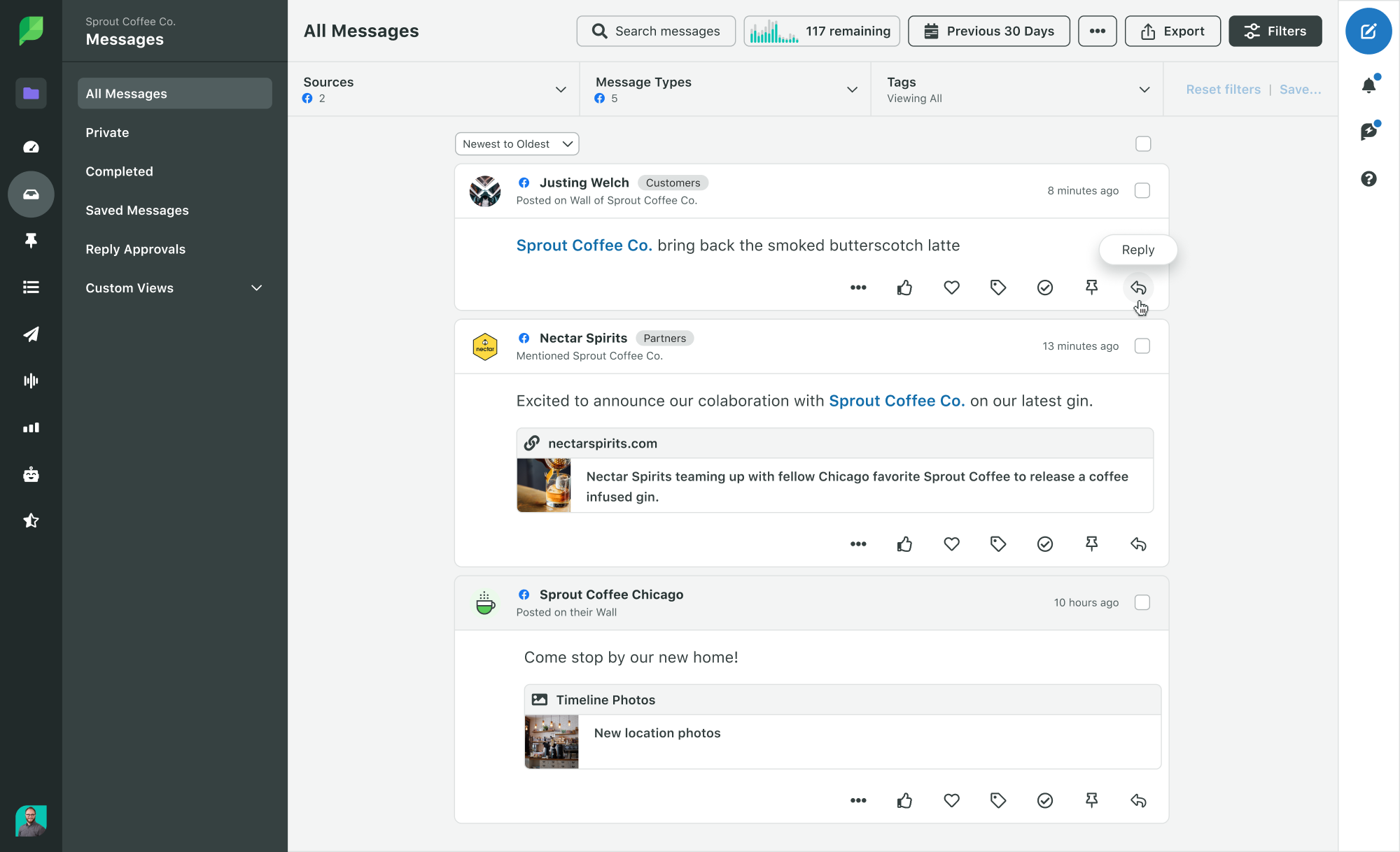 A screenshot of the Smart Inbox in Sprout Social. The filters are set to show unresolved messages from the Sprout Coffee Co Facebook profile. 