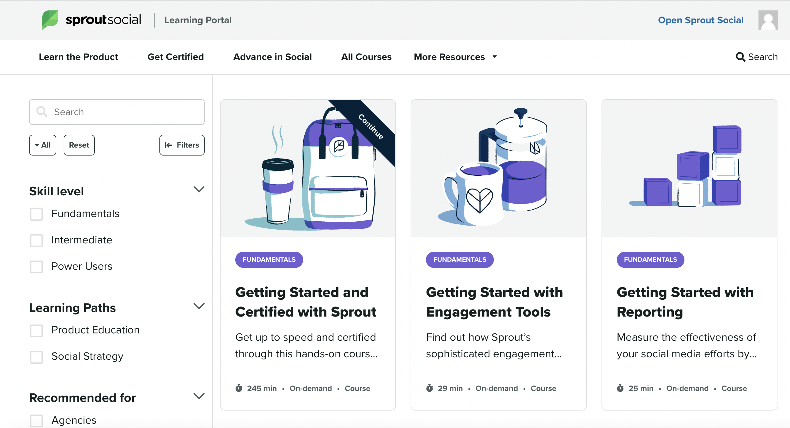 A screenshot of the Sprout Social learning portal. 