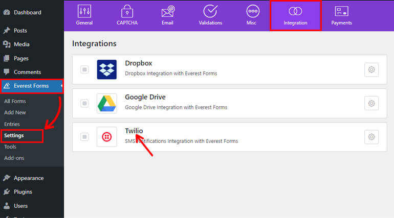 EverestForms Settings Integration Twilio