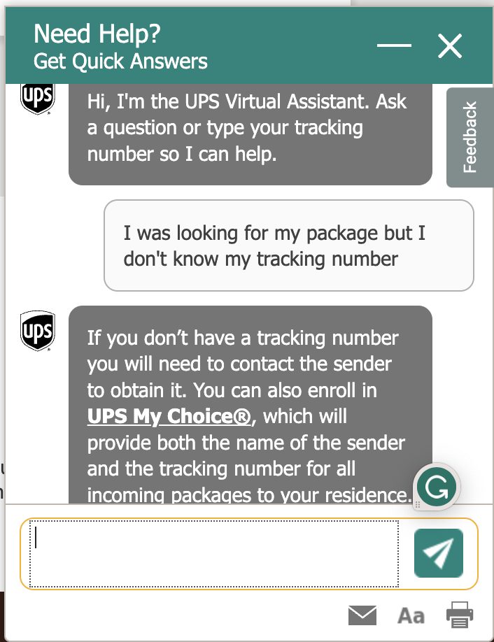 Screenshot of the UPS virtual agent offering advise contextually to responses from a customer