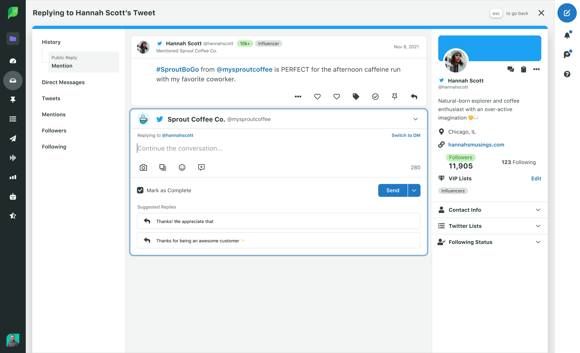 Screenshot of how customer care teams can quickly customize messages and add relevant details for a more personalized feel when responding through Sprout Social