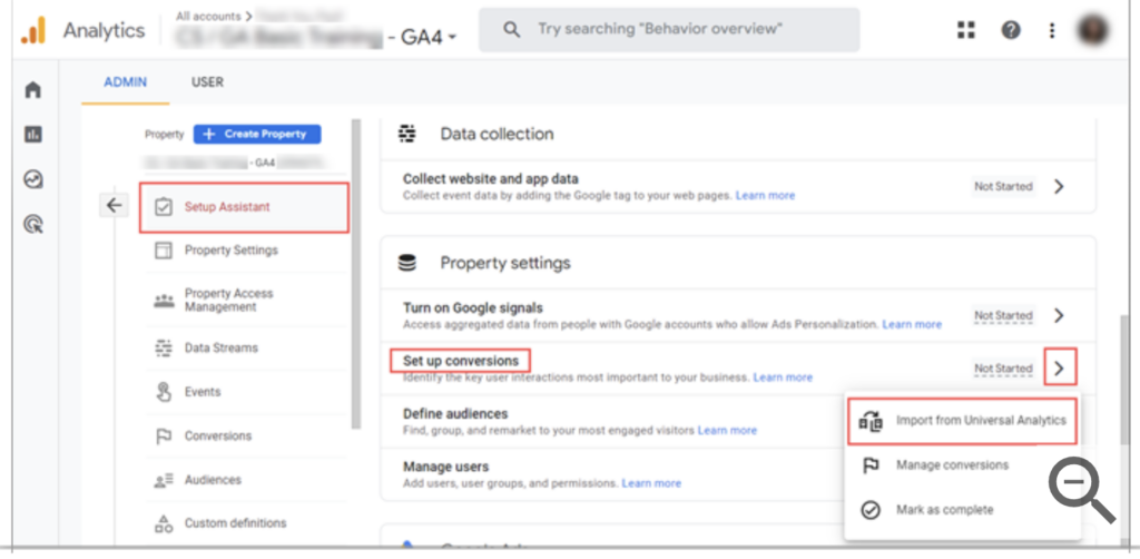 Screenshot of the GA 4 page where you can migrate your Universal Analytics goals to Google Analytics 4 conversion events