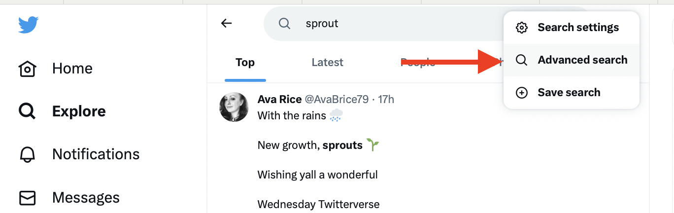 twitter dropdown menu with arrow pointing to advanced search button