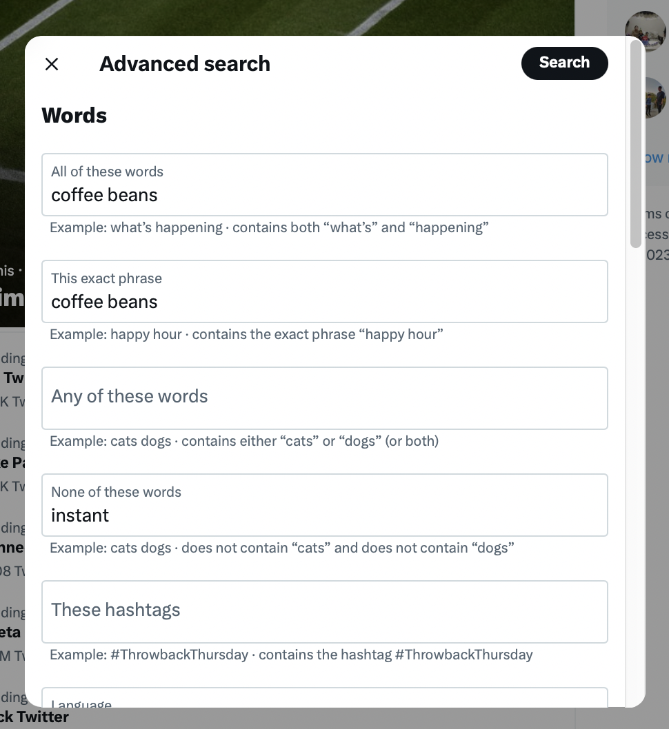 popup window to conduct advanced search by words