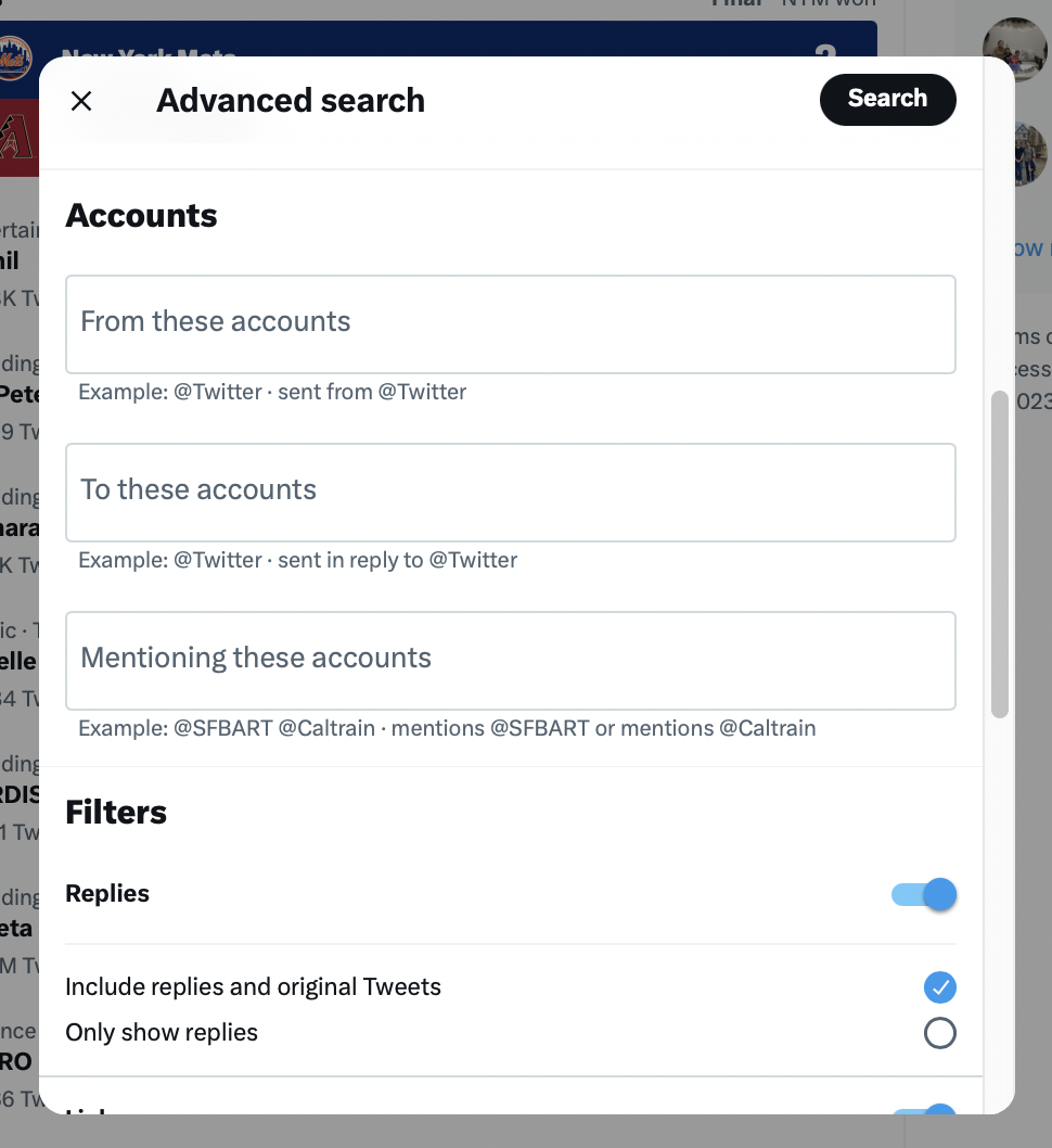 popup window to conduct advanced search by accounts