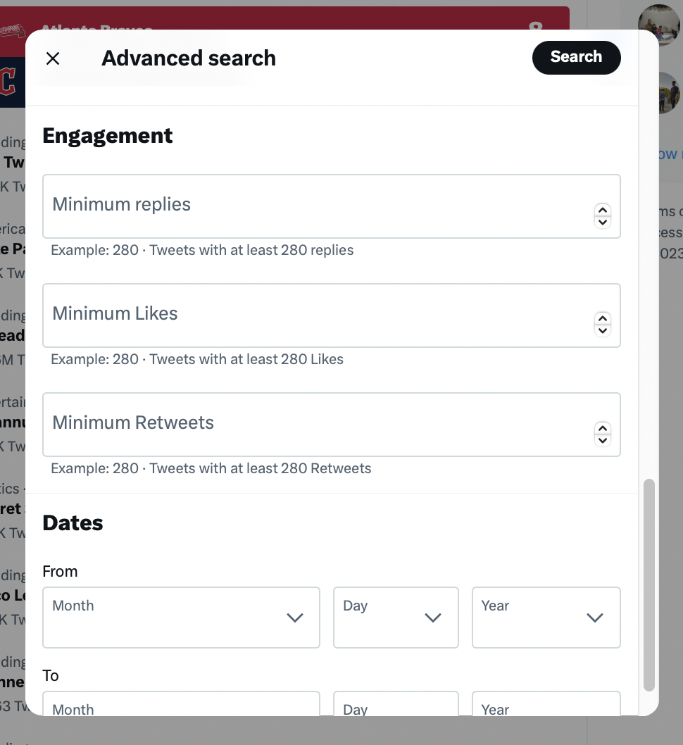 popup window showing different fields to conduct twitter advanced search based on engagement