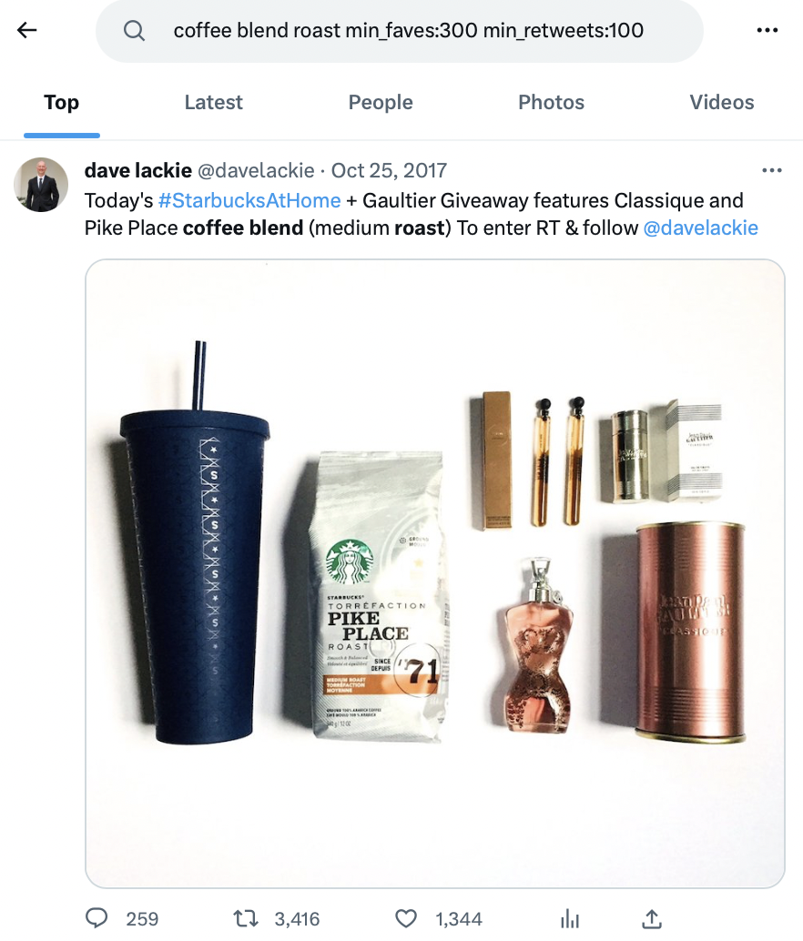 twitter advanced search result for Tweet about coffee blend with high levels of engagement