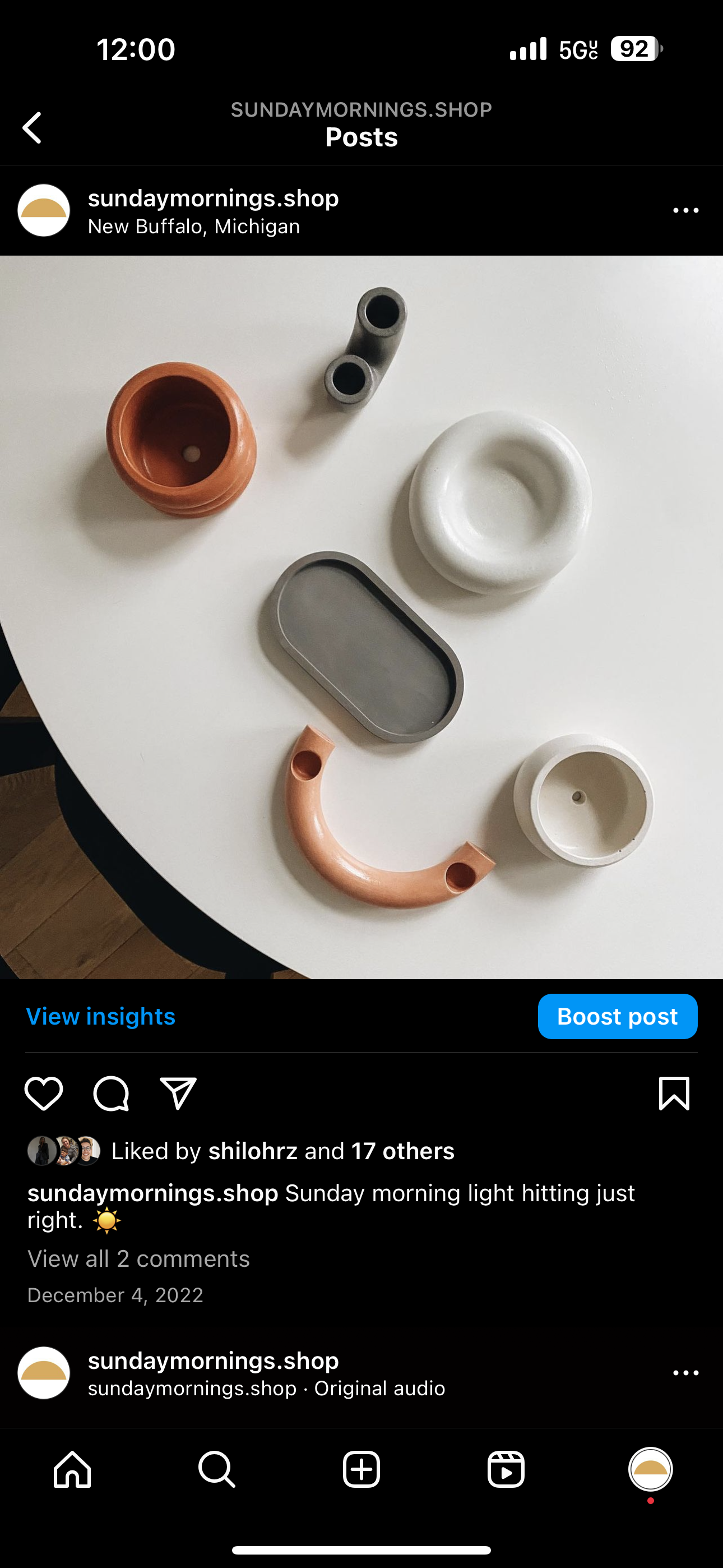 A screenshot of an Instagram post from pottery brand Sunday Mornings (@sundaymornings.shop). Sunday Mornings operates an Instagram Business account, so the post has a blue ‘View Insights’ button below the image. 