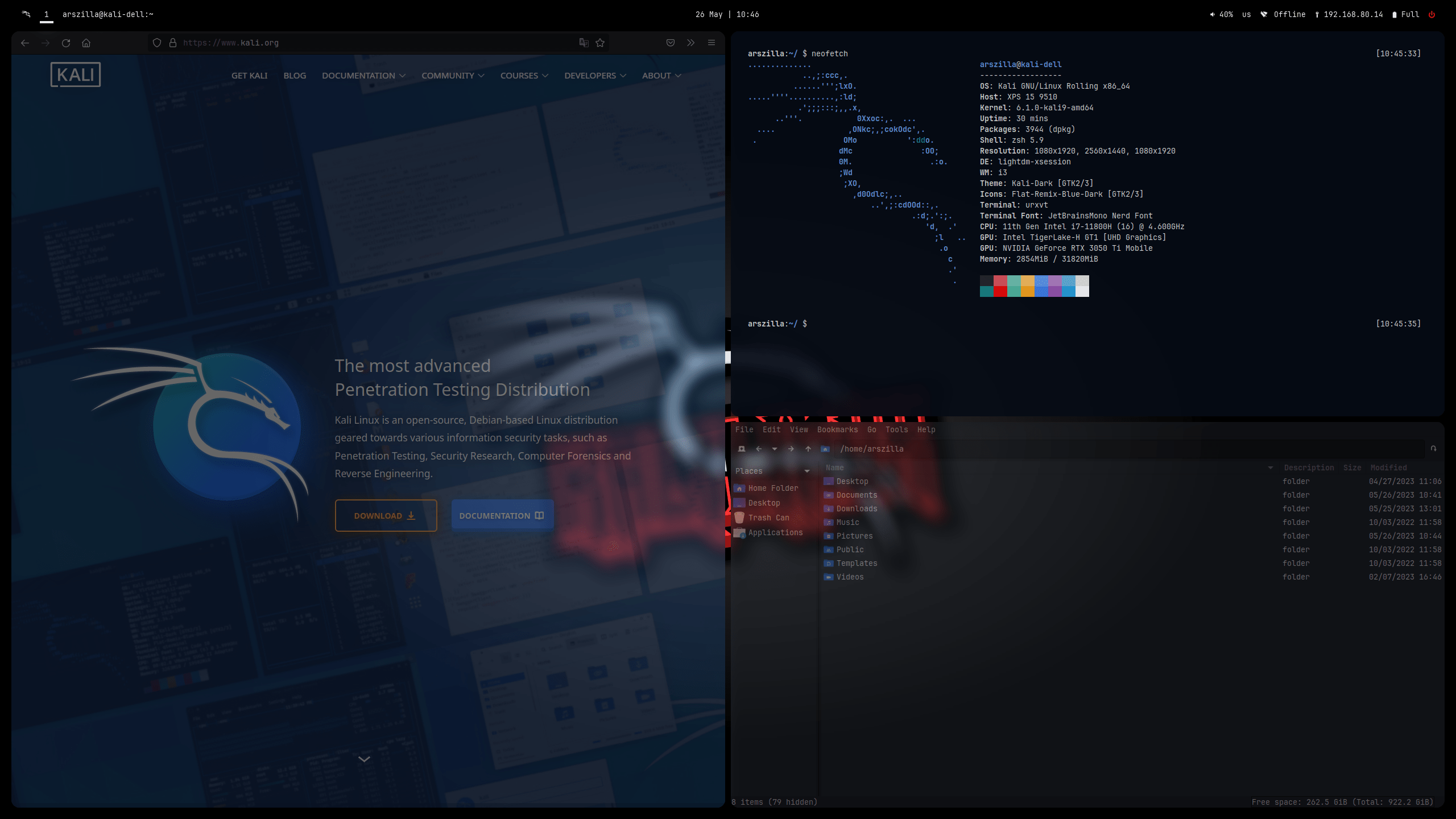 Kali 2023.2 i3 desktop with tiled windows