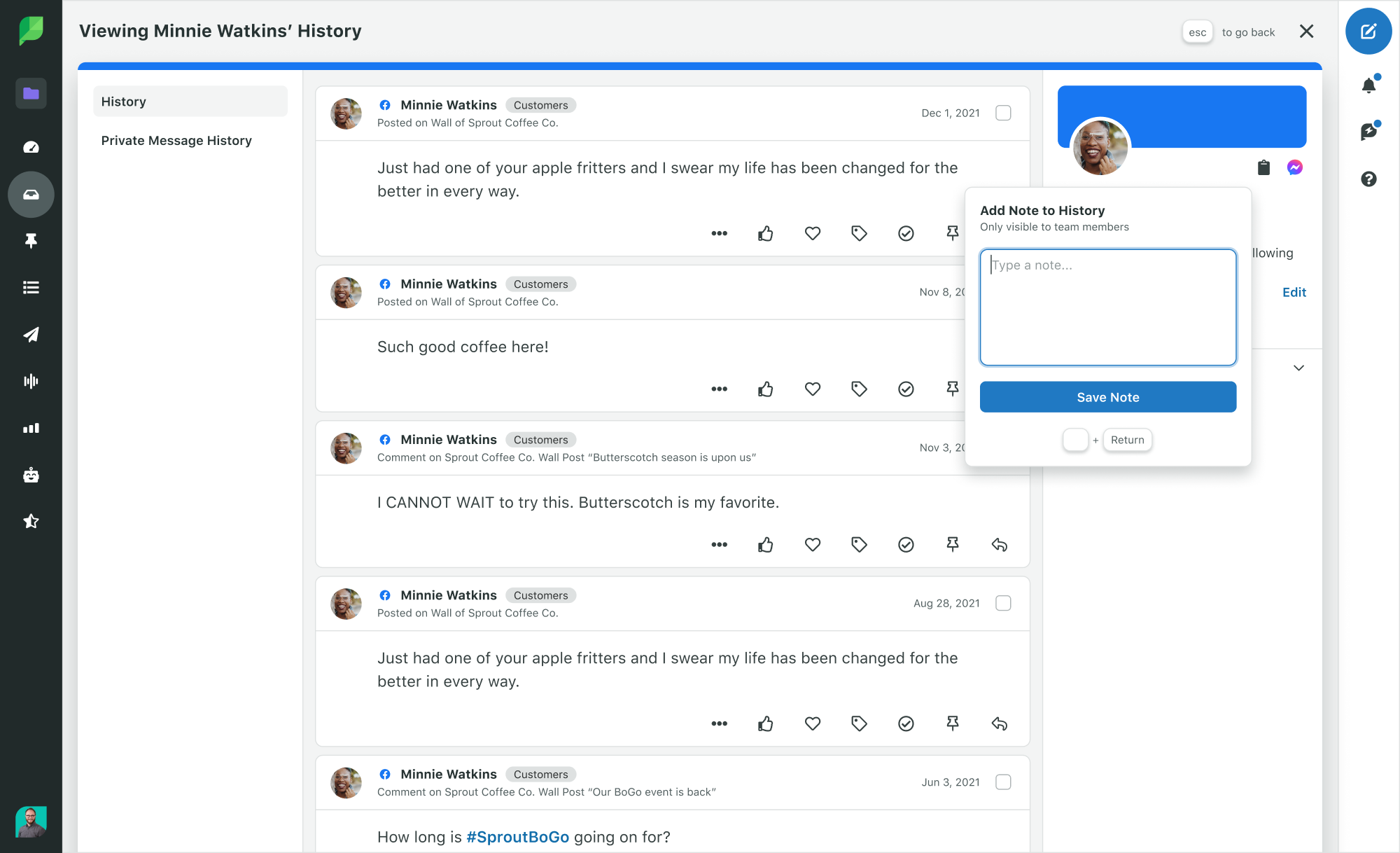 A screenshot of the Sprout Social desktop app. A contact profile is open, displaying interactions between a brand and a Facebook user named Minnie Watkins. The Add Note window is open on the contact profile. 