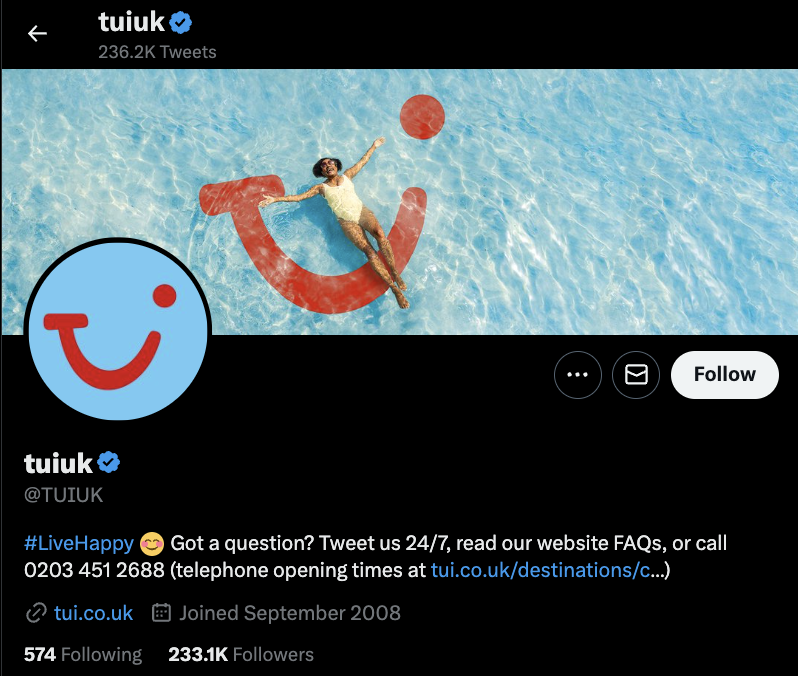 A screenshot of Tui's Twitter profile. The company's bio reads "Got a question? Tweet us 24/7, read our website FAQs, or call 0203 451 2688"