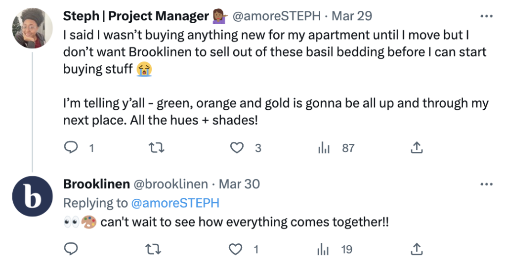 A screenshot of a Tweet where the brand brooklinen is mentioned but not tagged, and a response from Brooklinen on the Tweet.