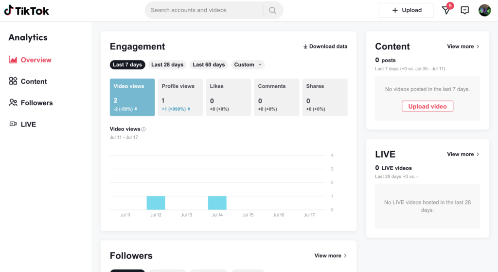 A screenshot of TikTok's analytics dashboard for desktop where metrics like video views and followers are highlighted in the overview section.