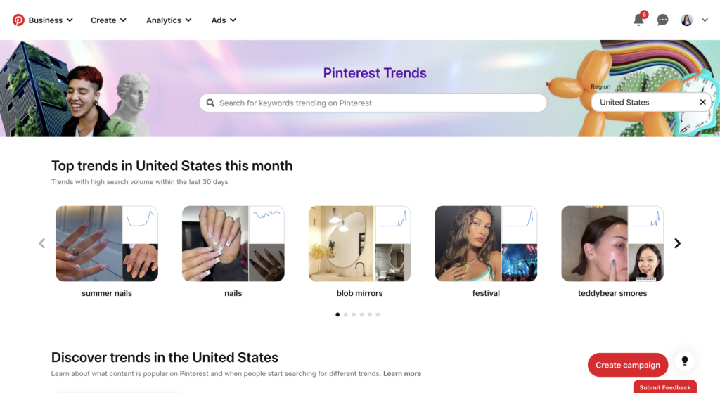 A screenshot of the Pinterest Trends page where trending topics and keywords are listed and ranked. 
