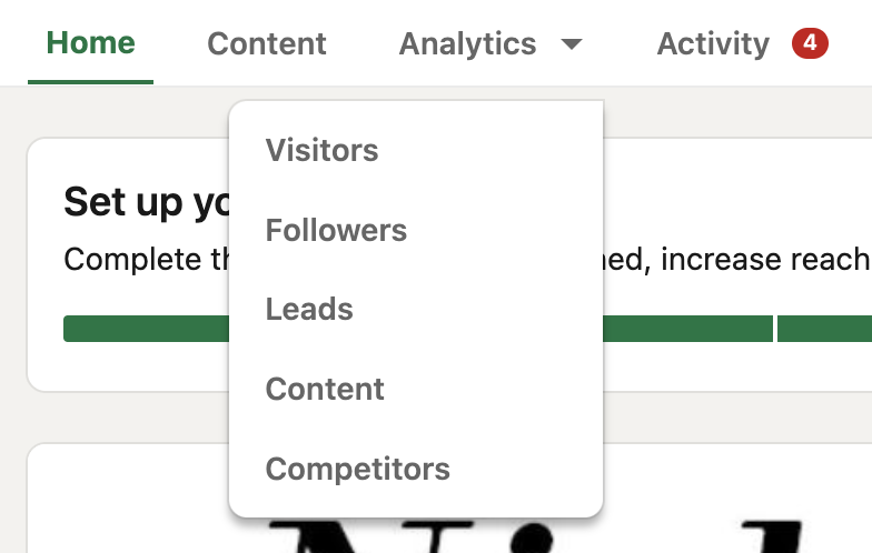 A screenshot of the dropdown menu that helps you filter types of LinkedIn analytics on the platform. 