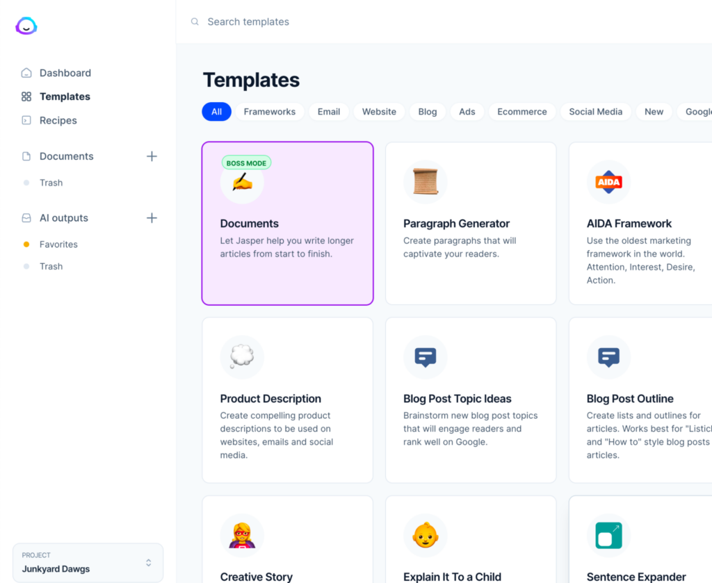 A grided overview of Jasper’s content generation templates, including documents, paragraph generator, AIDA framework, product description, blog post topic ideas, blog post outline, creative story, explain it to a child and sentence expander. 