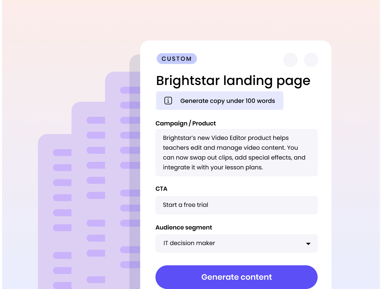 A popup window where the user can generate a landing page Writer based on product description, CTA and audience segment.