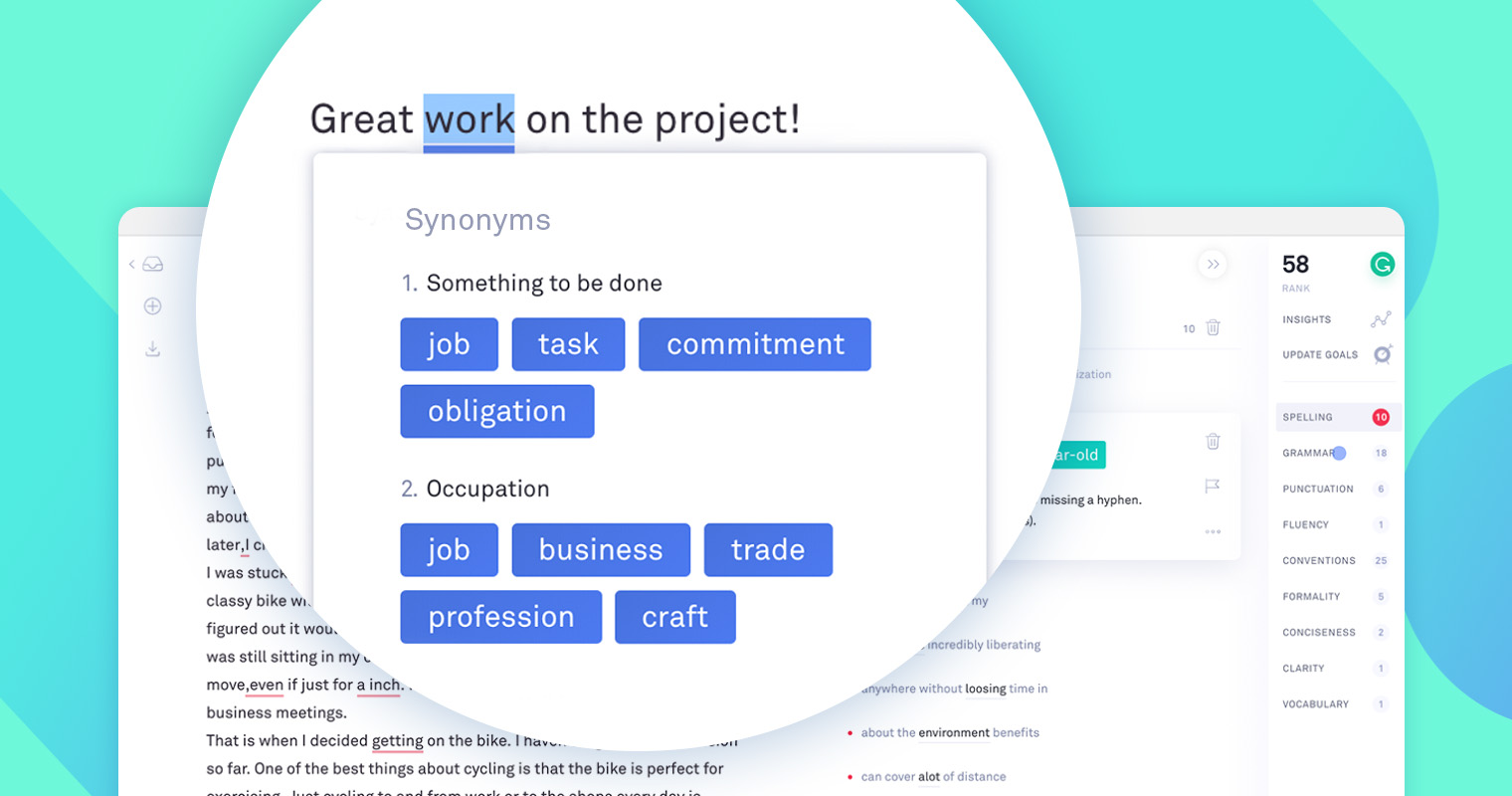 A spotlight on the sentence "Great work on the project!" in Grammarly. The word work is emphasized, and synonyms for the word are provided by Grammarly's AI tools. 