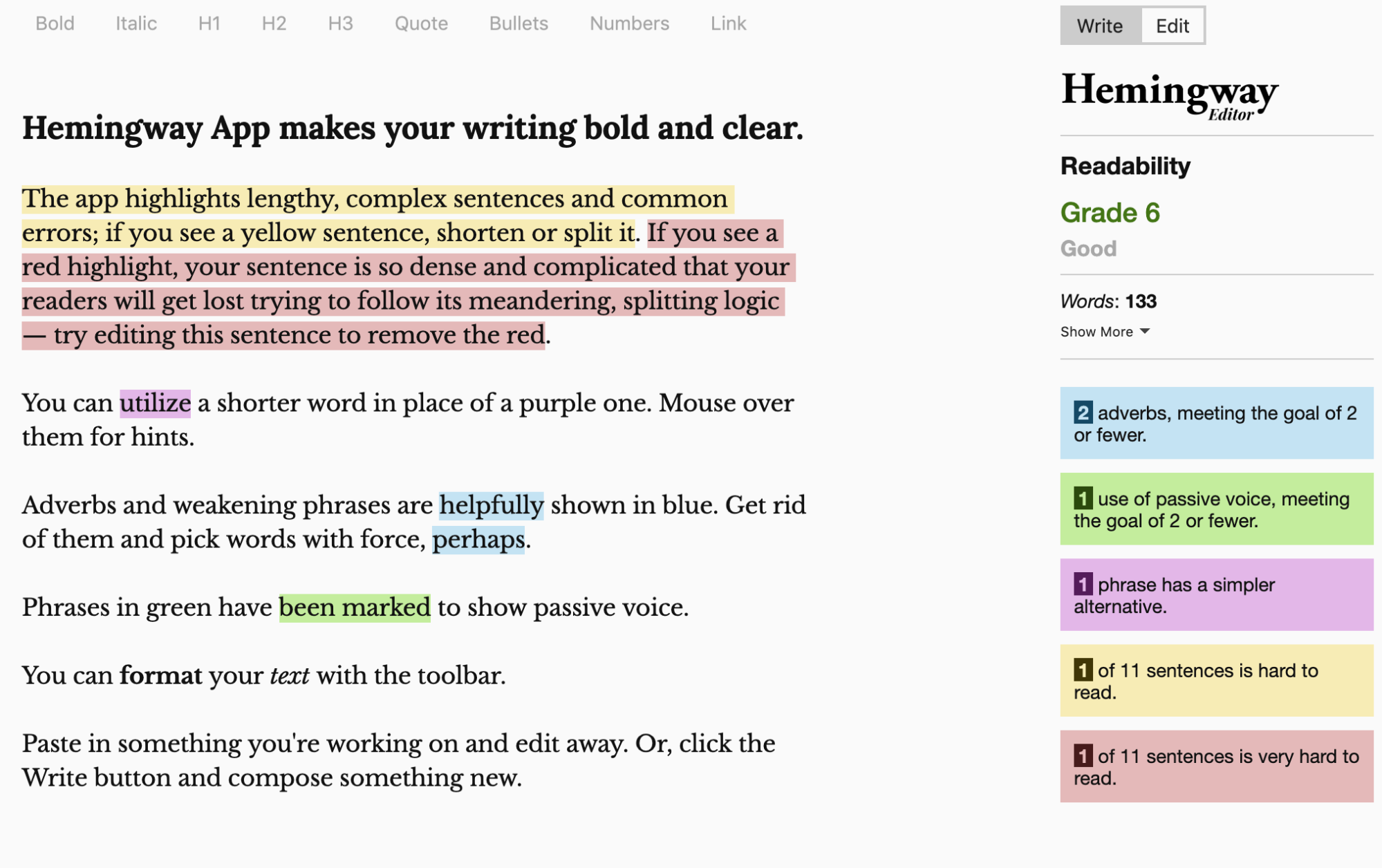 The homepage of Hemingway explaining how it grades your content based on readability, simplicity, passive voice and adverbs used. 