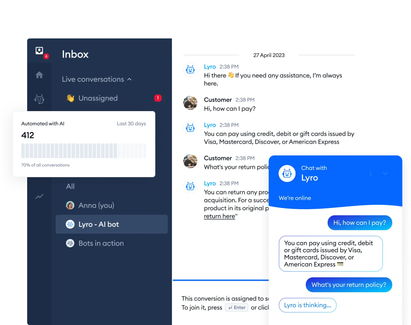 Messages inbox, automation tracker and chatbot features in Tidio. 