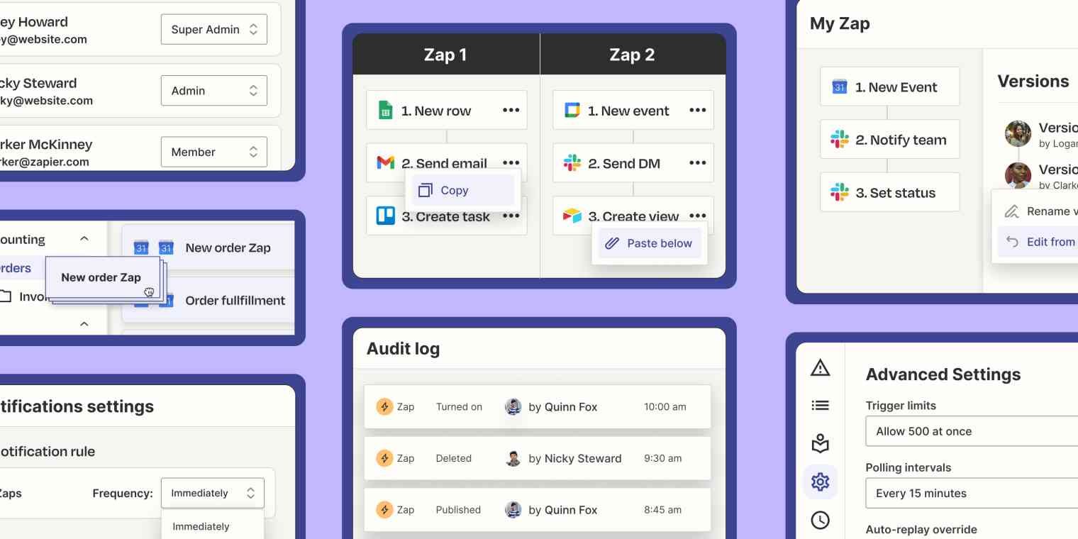 Examples of different “zap” automations you can set up in Zapier with different tools, including new row, new event, send email, create task and create view.