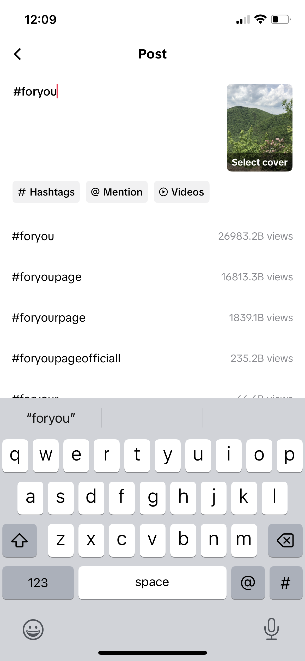 A screenshot of TikTok's post publishing screen with autofill hashtags