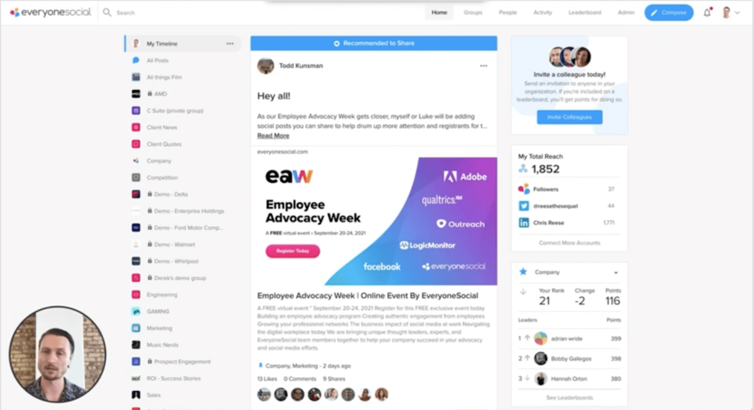 Screenshot of EveryoneSocial, an employee advocacy tool meant for businesses looking for a low-cost or even no-cost introduction to employee advocacy.