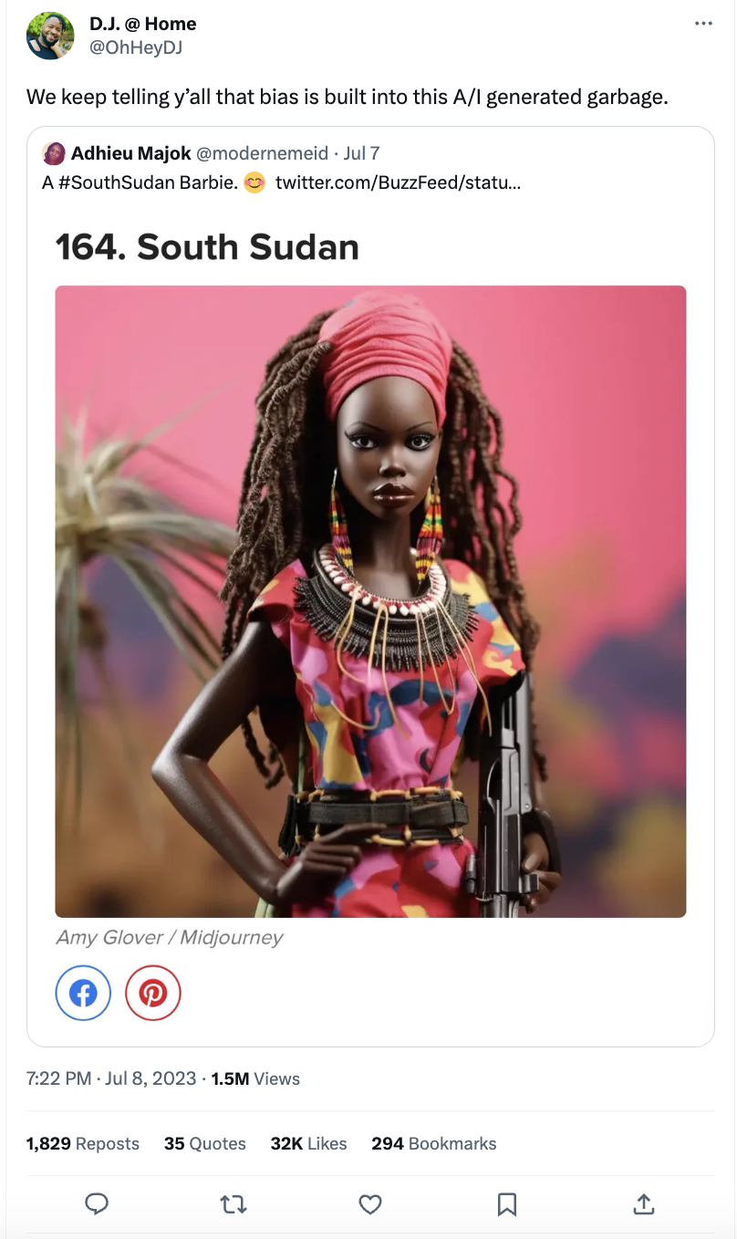 A user response to an AI-generated photo of "#SouthSudan Barbie" in a Twitter thread[rebranded to X as of July 2023]. The post reads, "We keep telling y'all that bias is built into this AI-generated garbage."