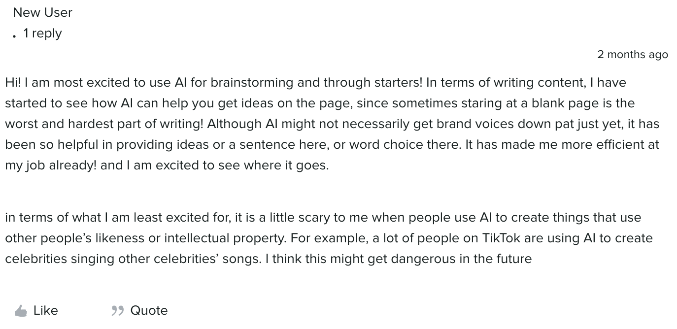 A user comment from the Arboretum that says they are excited to use artificial intelligence for brainstorming and providing ideas for sentences and/or word choice. The user also explains they are concerned about AI that creates content using other people’s likeness or intellectual property. 