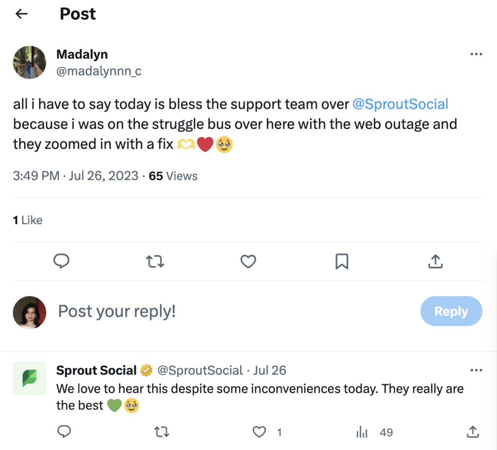 Screenshot of a Tweet with a conversation between a customer and the Sprout Social customer care team
