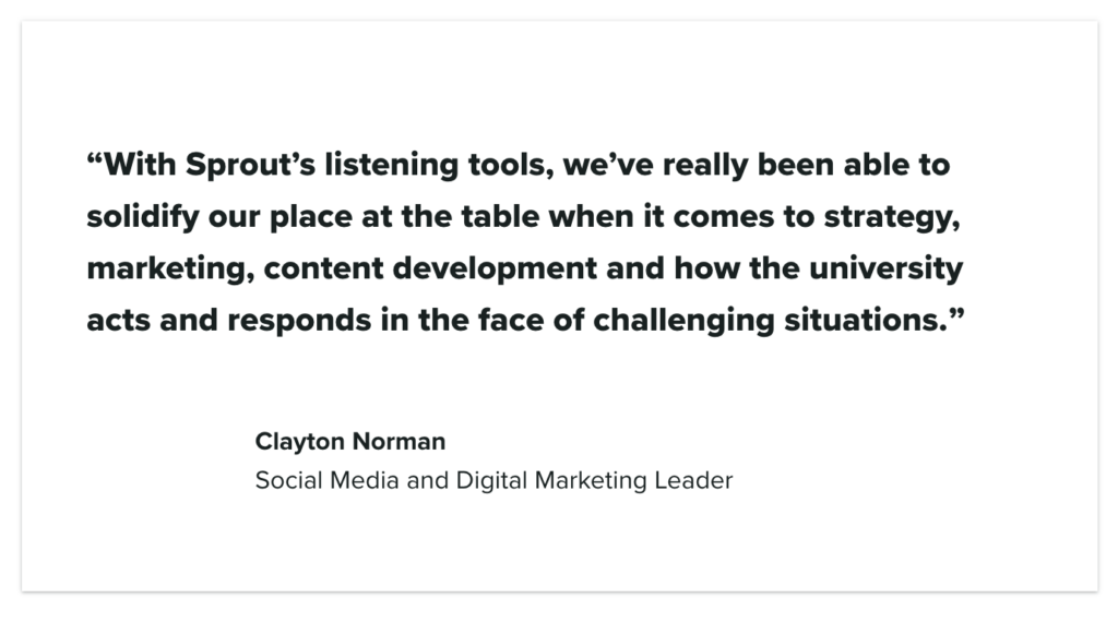 A quote from Indiana University's social media and digital marketing leader, Clayton Norman, on how conversation analytics through Sprout demonstrates the value of social listening to decision makers.
