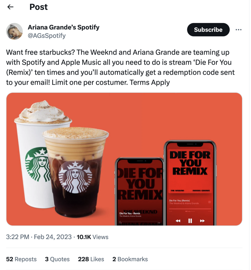 Screenshot of a Tweet from Ariana Grande's Spotify account promoting an offer available in the Starbucks loyalty program.