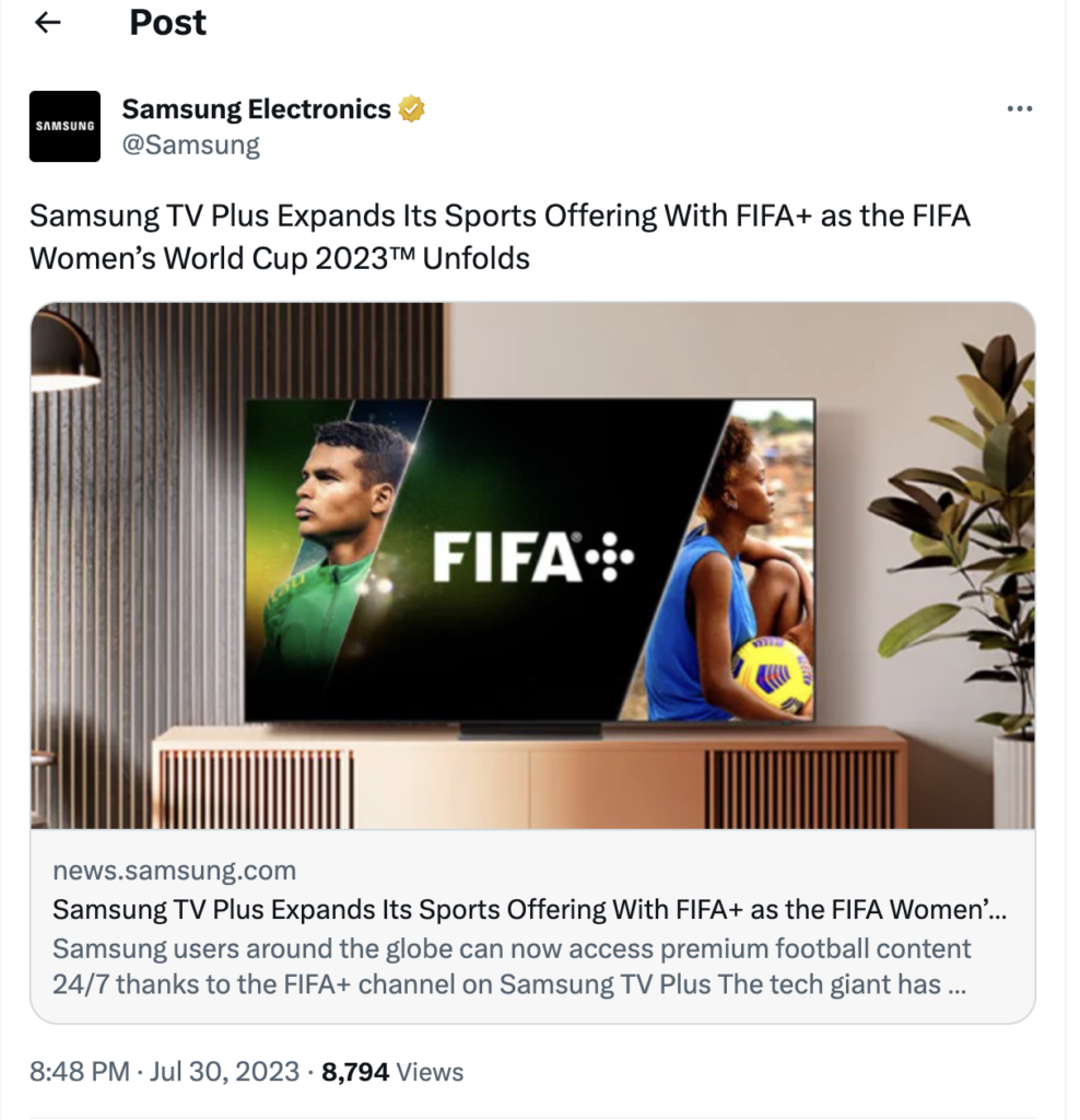 Samsung Electronics promoting its short-term discounts and incentives strategy with a promotion tied to its Samsung TV Plus and the 2023 FIFA Women's World Cup