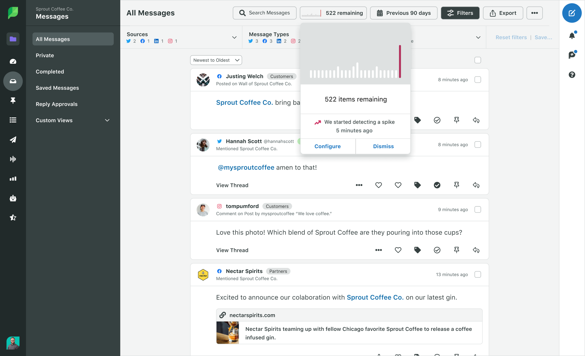 Screenshot of Sprout's Smart Inbox showing a spike alert in brand mentions
