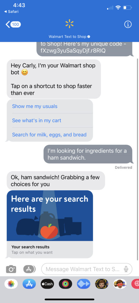 A screenshot of Walmart's Text to Shop bot. In this interaction, a friendly conversational AI bot greets the shopper. The shopper says they're looking for ingredients for a ham sandwich. The bot texts back a personalized list of shopping recommendations based on this need.