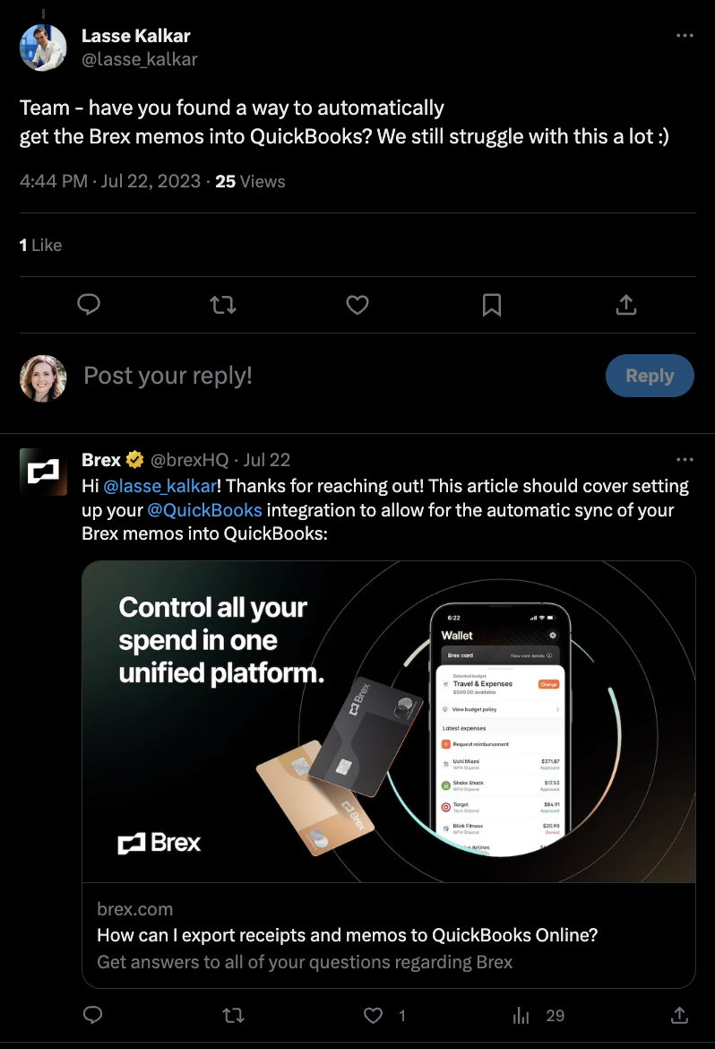 A screenshot of a Tweet exchange between Brex and their customer. In the exchange, the customer surfaces a pain point, and Brex responds with a blog article that helps provide a solution.