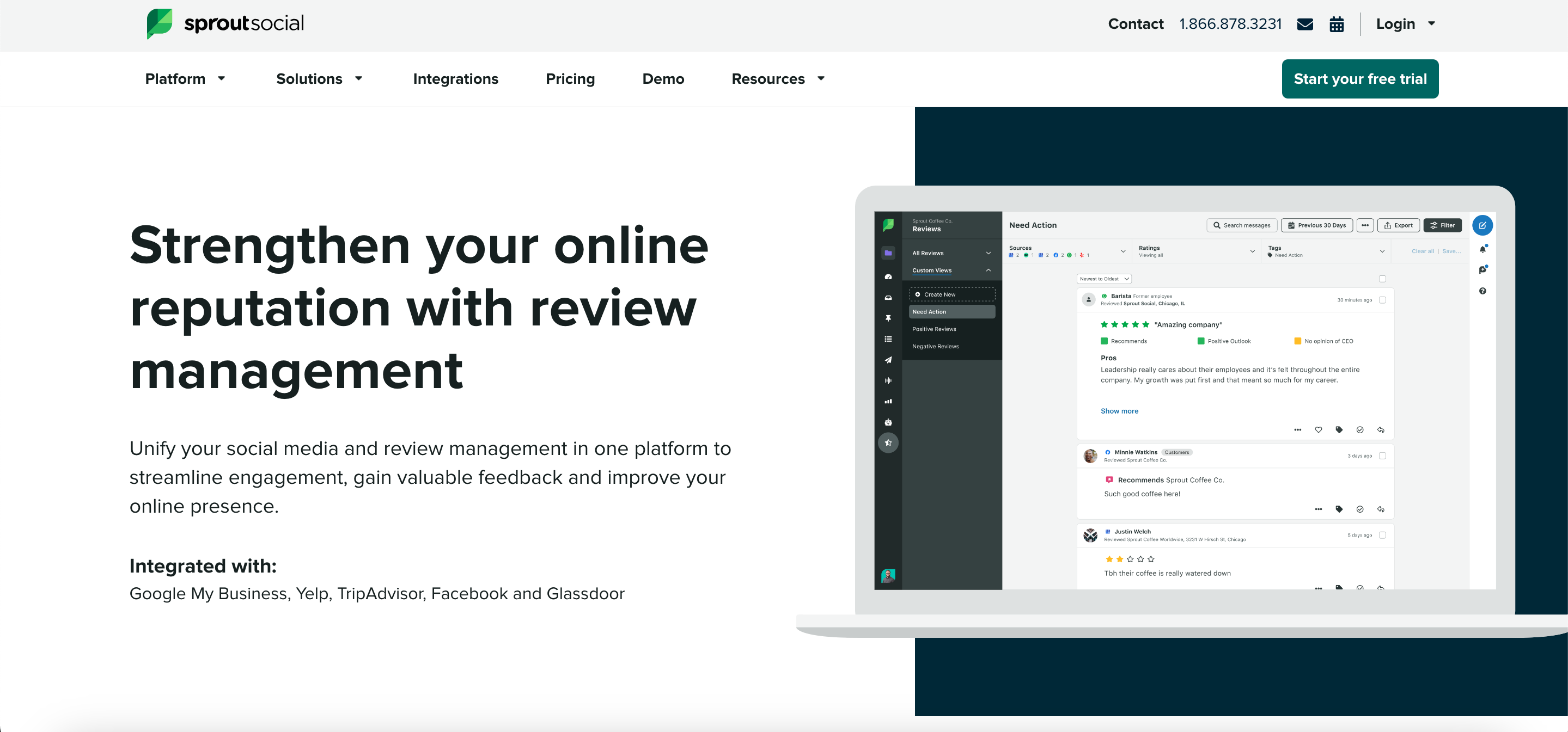 Screenshot of Sprout Social's online reputation management feature page