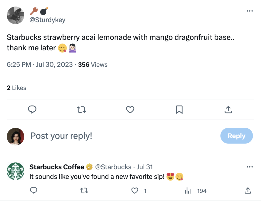 Screenshot of a tweet showing a customer's favorite Starbucks drink, the Strawberry acai lemonade with mango dragonfruit base.