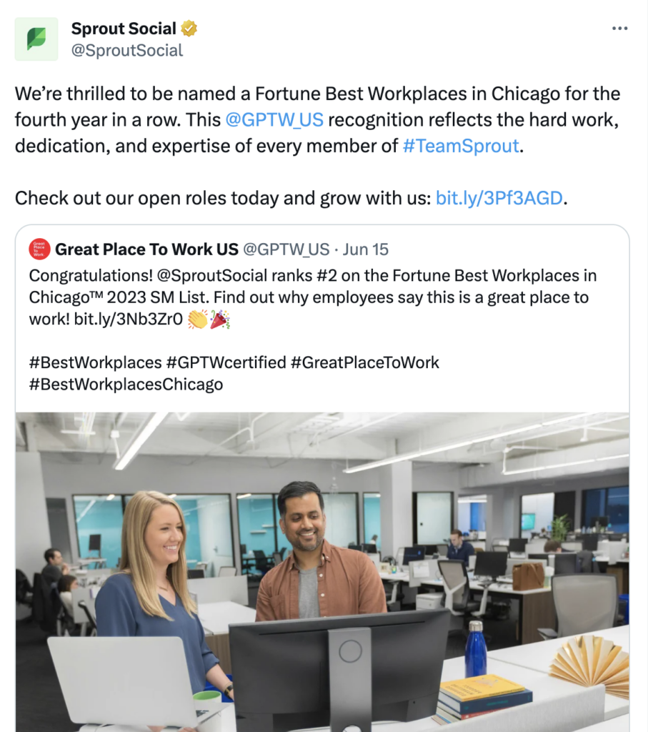 Tweet highlighting Sprout Social being ranked #2 on the Fortune Best Workplaces in Chicago™ 2023 SM List.