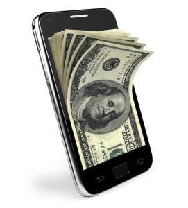 Smart phone with money concept. Dollars.
