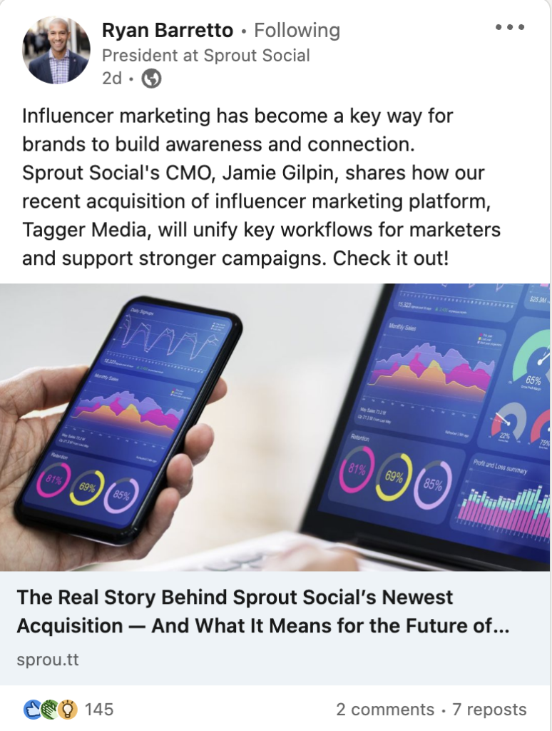 A screenshot of a LinkedIn post from Sprout's President Ryan Barretto. The post shares an article about Sprout's recent acquisition of Influencer marketing company Tagger.