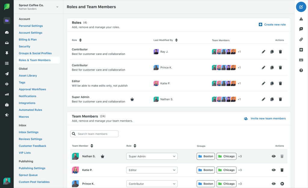 A screenshot of Sprout's Roles and Team members feature, where team members can be added and given various levels of permissions to teammates in Sprout.
