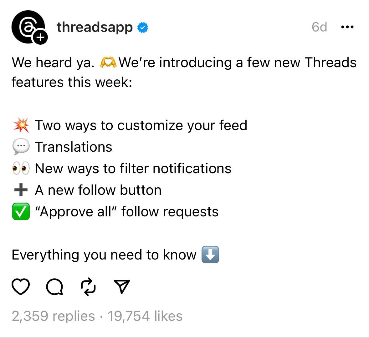 A screenshot of a Thread post from the Threads account (@threadsapp). The post says, “We heard ya. We’re introducing a few new Threads features this week: Two ways to customize your feed, translations, new ways to filter notifications, a new follow button, “approve all” follow requests”.