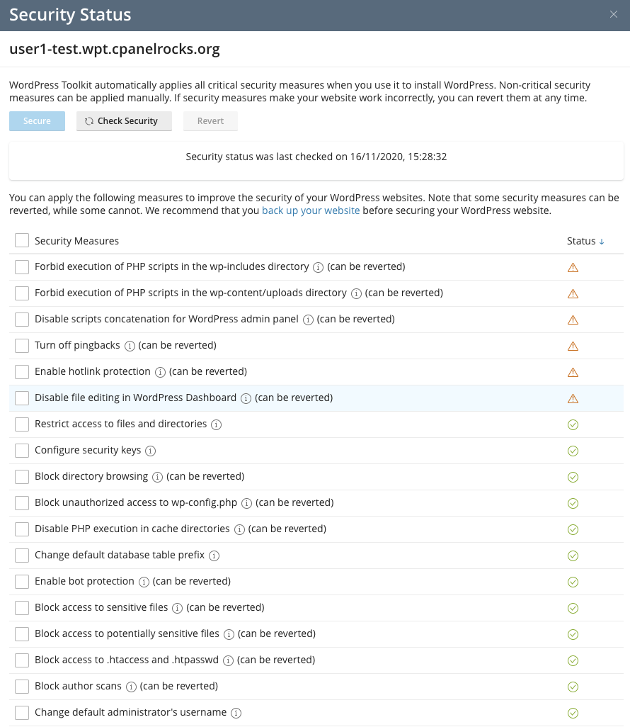 cPanel WordPress Toolkit Security Status