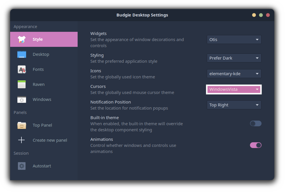 Select the cursor icon theme from the budgie desktop settings for custoomizing the budgie desktop environment