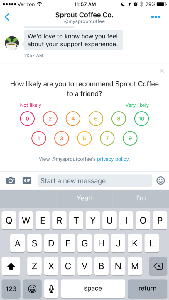 Sprout's customer feedback survey as it displays on X. The survey asks "How likely are you to recommend Sprout Coffee to a friend?" Underneath the question, numbers zero through 10 are listed for customers to select from.