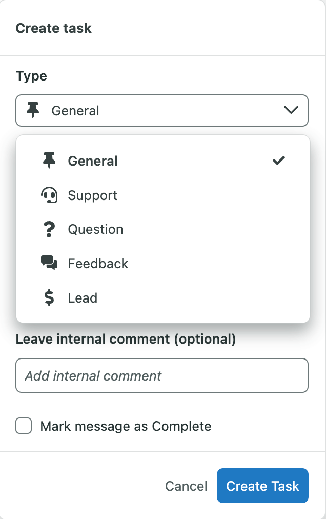 A screenshot of Sprout's Smart Inbox a dropdown menu displays under the task icon, a pin, with a list that reads: General, Support, Question, Feedback or Lead. Under this, there is a field to add an internal comment to whichever department this task is assigned to.