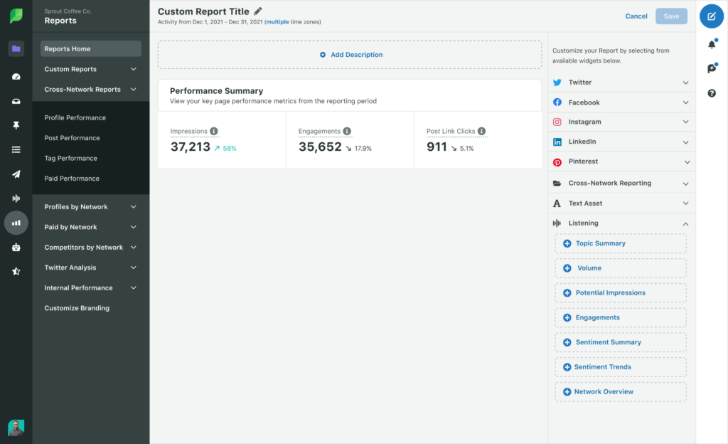 A screenshot of the custom report builder in Sprout. On the right side of the screen is a list of reporting widgets to include in your custom report.