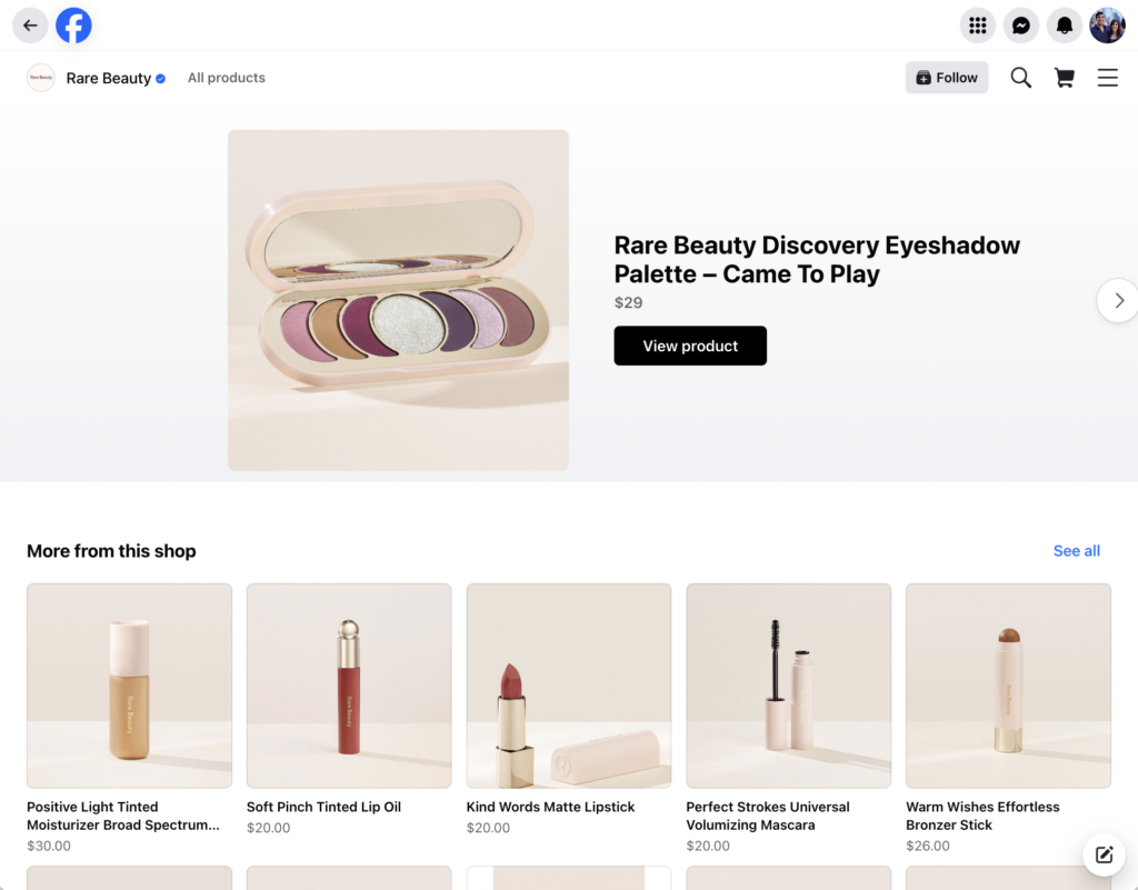 A screenshot of Rare Beauty's Facebook shop and products.
