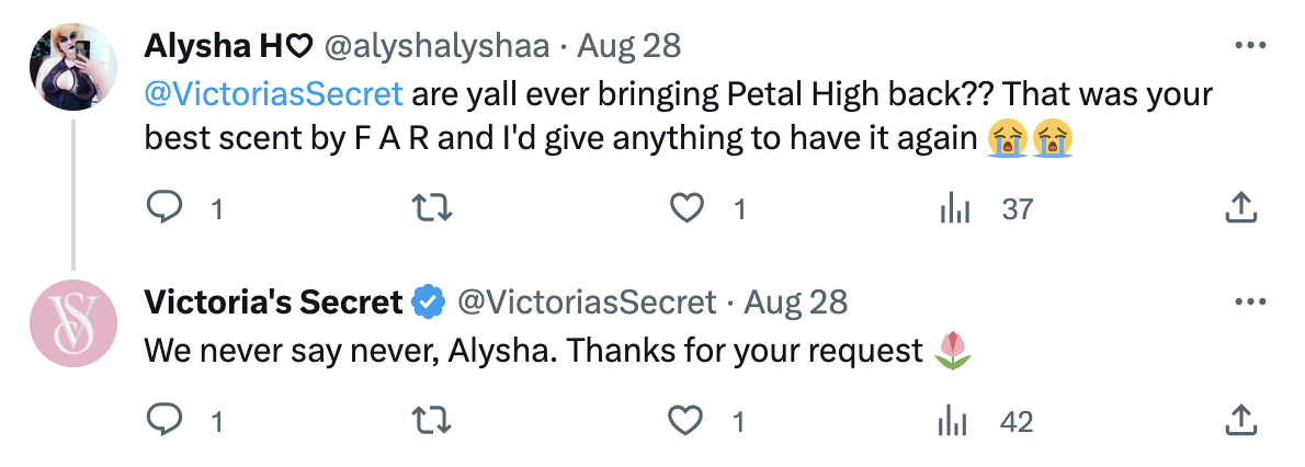 A personalized Twitter response from Victoria's Secret to a customer
